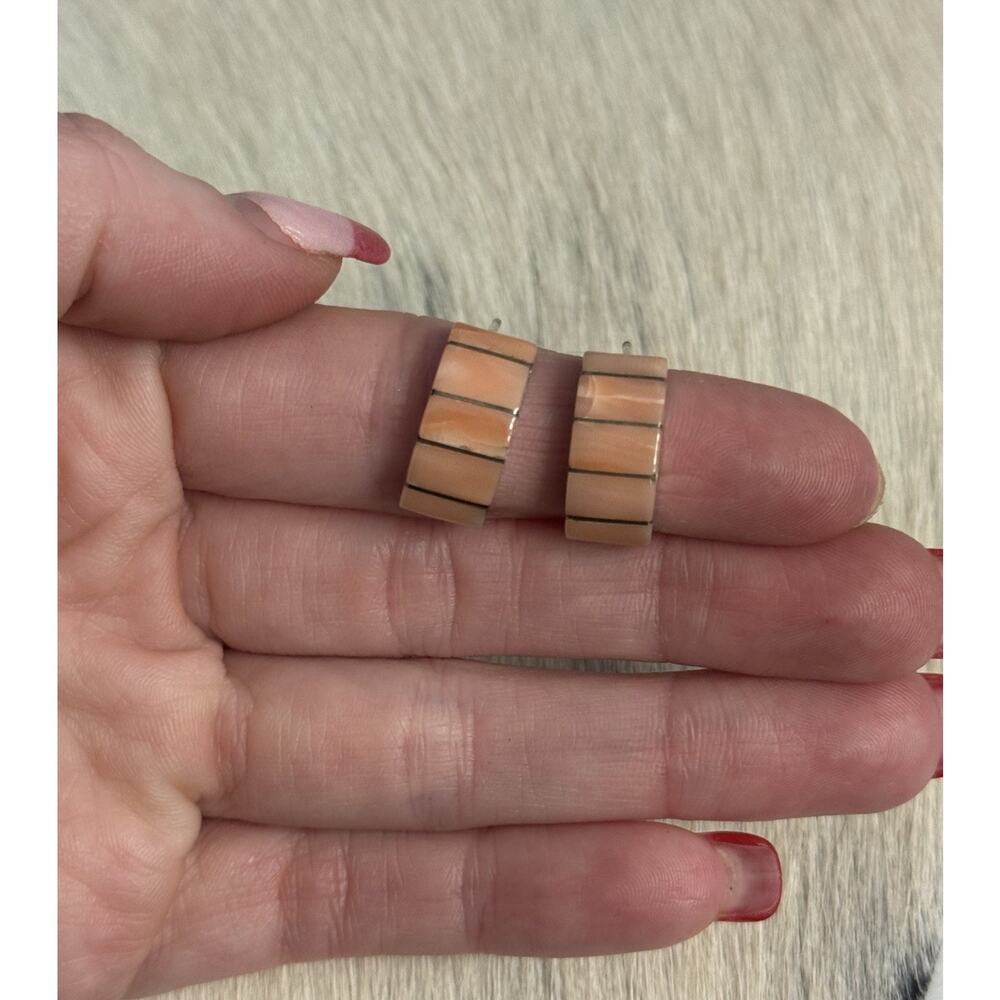 Native American Sterling Silver Pink Angelskin Coral Inlay Hoop Post Earrings GK